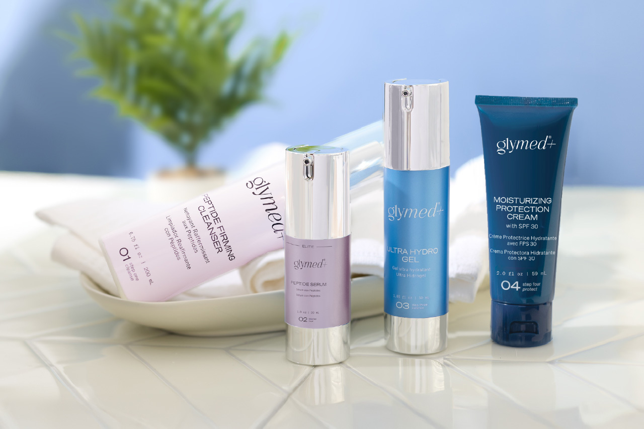 Four GlyMed+ products as part of skinimalism skincare routine